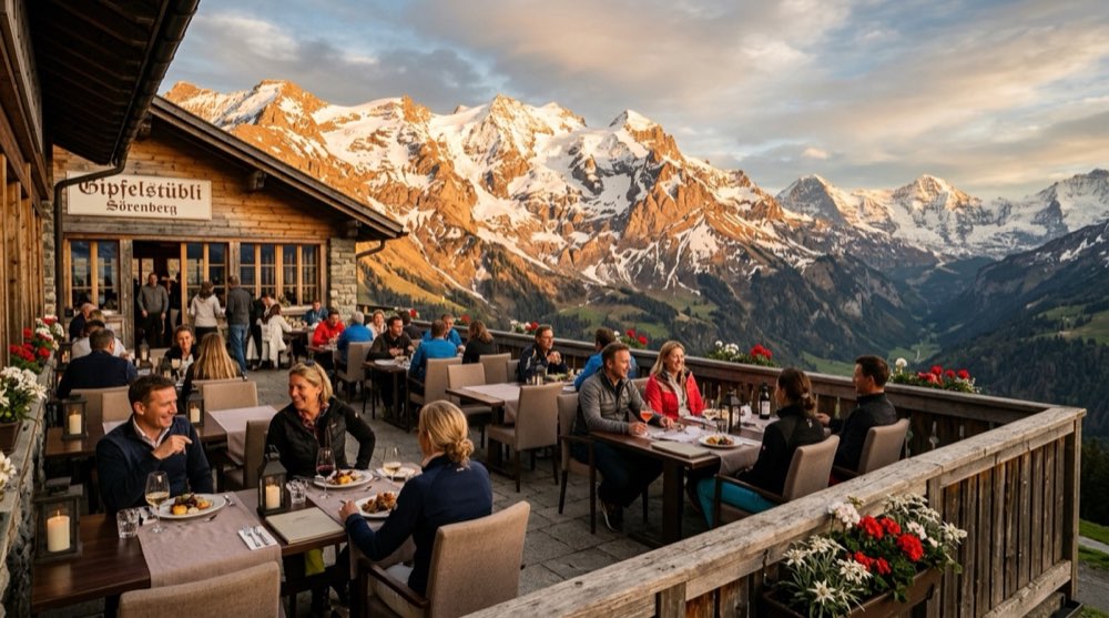 Panoramic terrace view of Brienzer Rothorn and Schrattenfluh