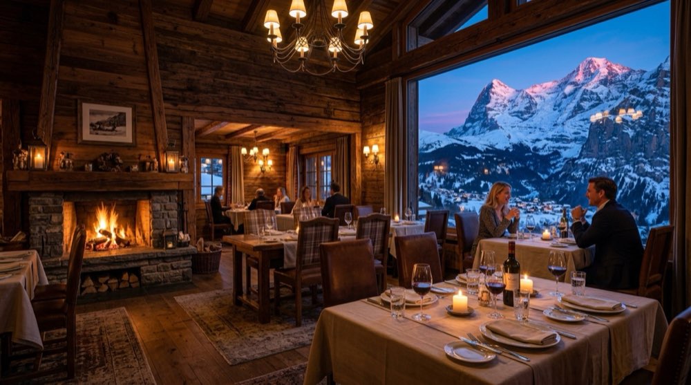 Cosy luxury Swiss chalet dining room with fireside view of snow peaks