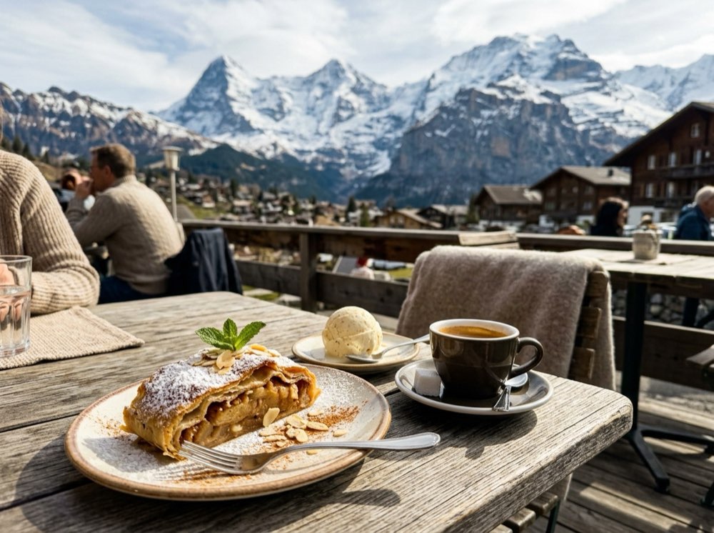 Warm Swiss apple strudel and hot espresso on sun terrace