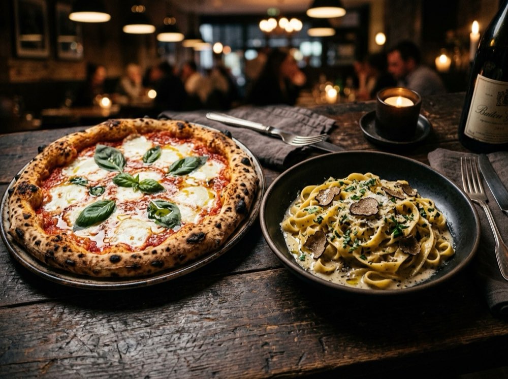 Artisan wood-fired pizza and truffle pasta
