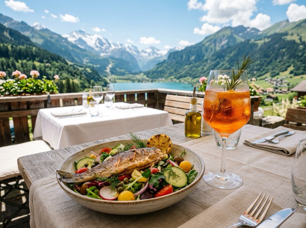 Fresh mountain trout salad and Aperol Spritz on sun terrace