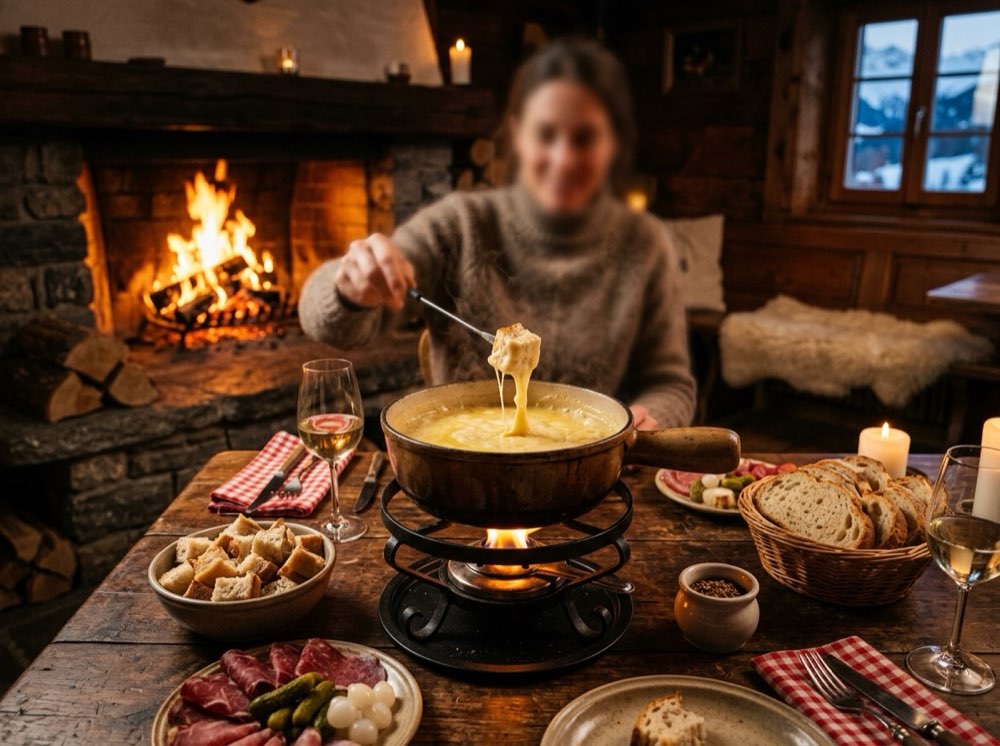 Cozy bubbling cheese fondue by fireside